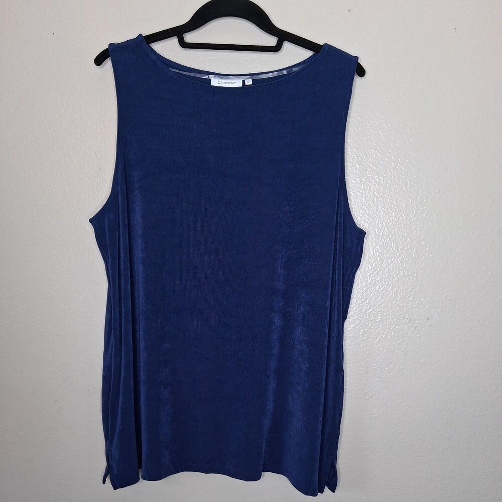 NWT Chico's Travelers Size 3 Tank Top Blue Casa Acetate Stretch Side Slit US XL